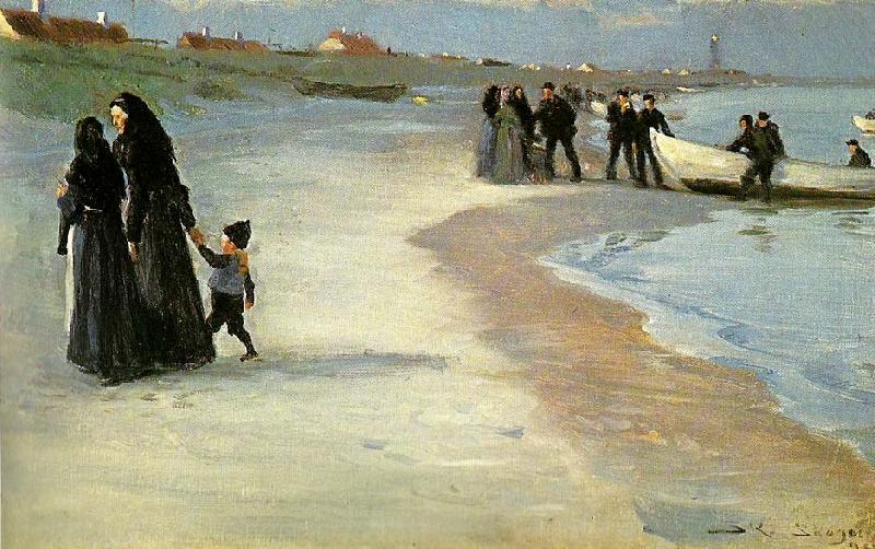 Peter Severin Kroyer en hvid bad i strandkanten, lys sommeraften oil painting image